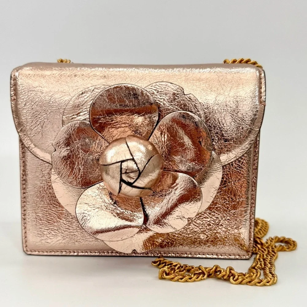 Oscar de la Renta Tro Rose Gold Metallic Crinkle Leather Mini Chain Shoulder Bag